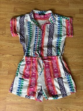 fab'rik multicolor short sleeve romper colorful festival boho beach pockets sz M